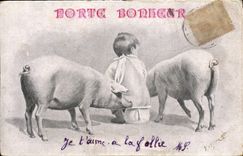 Vintage Postcard Cochon Pig Child Carries happiness