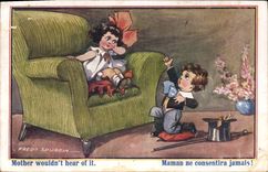 Vintage Postcard Fantaisie Illustrator Fred Spurgin Enfants Mom will never agree