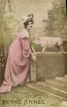 CPA Cochon Porc Femme 