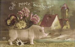 Vintage Postcard Cochon Pig I carry happiness