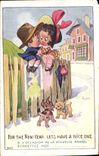 Vintage Postcard Fantasy Illustrator Right Children Dog