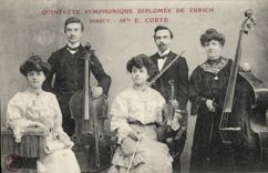 Postal Quinteto sinfónico graduado de Zurich Suiza Srta. E Corte Violonchelo Contrabajo