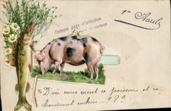 CPA Cochon Porc Poisson 1er Avril 