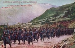 Vintage Postcard Militaria Alpine hunters Company the alpine ones goes and water Medicinal mint spirit from there of Melissa Carmelite friars of the Brother Mathias Marseilles