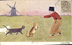 Vintage Postcard Fantaisie Illustrator Child Windmill Chat Kitten Holland Cats