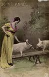 CPA Cochon Porc Femme Bonne annee 