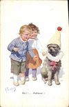 Vintage Postcard Fantasy Illustrator Children Dog Clown