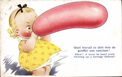 Vintage Postcard Fantasy Illustrator Child Balloon Which work it must be to inflate a sausage