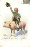 CPA Cochon Porc Enfant Bonne annee 