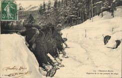 Vintage Postcard Militaria Alpine hunters Firing practice on parapet of snow