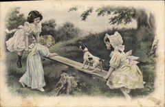 Vintage Postcard Fantasy Illustrator Children Swing Dog