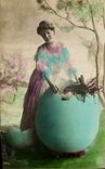 Vintage Postcard Rabbit Rabbits Woman Egg