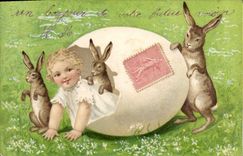 CPA Lapin Lapins Enfant Oeuf