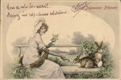 CPA Lapin Lapins Femme Paques
