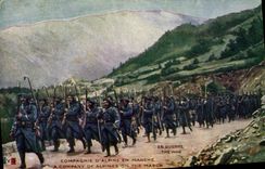 CPA Militaria Chasseurs Alpins Compagnie en marche 