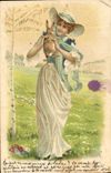 Vintage Postcard Rabbit Rabbits Woman