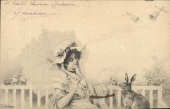 CPA Lapin Lapins Femme Poussins 