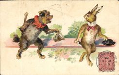 Vintage Postcard Rabbit Rabbits Dog