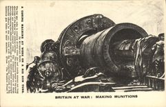 Vintage Postcard Militaria Britain At war Making ammunition A coring machine At work one has big gun tube