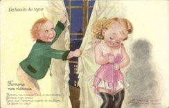 Vintage Postcard Fantaisie Illustrator Mauzan Enfants successes of 1900 Let us close the curtains