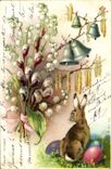 Vintage Postcard Rabbit Flowers Bells