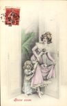 CPA Fantaisie Femme Enfant Cochon Porc 