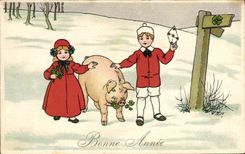 CPA Fantaisie Enfants Cochon Porc (carte toilee) Bonne annee 