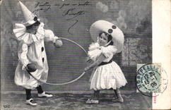 Vintage Postcard Children Pierrot Hoop Twin wheel