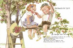 Vintage Postcard Fantasy Illustrator Children successes of 1900 the time of the Mauzan cherries