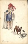 Vintage Postcard Fantasy Illustrator Mauzan Child Dog Crab