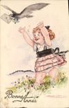 Vintage Postcard Fantasy Illustrator Mauzan Child Bird