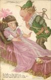 Vintage Postcard Fantasy Illustrator Mauzan Children Robin of wood Sleeping Beauty Crossbow