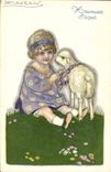 Vintage Postcard Fantasy Illustrator Mauzan Child Easter Lamb
