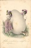 Vintage Postcard Rabbit Rabbits Women egg