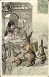 CPA Lapin Lapins Enfants Coq 