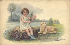Vintage Postcard Fantasy Illustrator Child Lamb