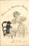 Vintage Postcard Fantasy Illustrator Woman Dog Poodle