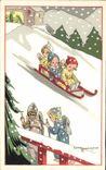 Vintage Postcard Fantaisie Illustrator Marshals Children Toboggans