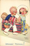 Vintage Postcard Fantasy Illustrator Mallet Child Summer holidays Tennis