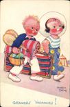 Vintage Postcard Fantasy Illustrator Mallet Children Summer holidays Tennis