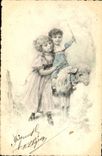 Vintage Postcard Fantasy Illustrator Children Sheep