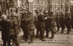 Vintage Postcard Militaria the Festivals of the Victoire has Paris Mr. Poincare and the Joffre Marshal giving the fourrageres of honor