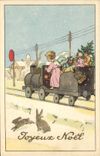 CPA Fantaisie Enfant Train Lapin Lapins