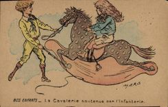 CPA Fantaisie Illustrateur Nos enfants La cavalerie soutenue par l'infanterie
