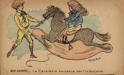 CPA Fantaisie Illustrateur Nos enfants La cavalerie soutenue par l'infanterie