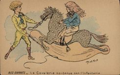 CPA Fantaisie Illustrateur Nos enfants La cavalerie soutenue par l'infanterie
