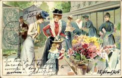 CPA Fantaisie Illustrateur Femmes Marche au fleur