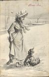 CPA Chien Chiens Basset Femme Bonne annee