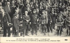 Vintage Postcard Militaria Festivals of the Victoire July 13th, 1919 On the steps of the town hall Poincare Joffre Foch