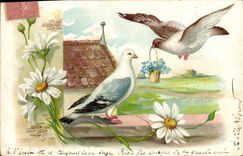 CPA Fantaisie Fleurs Oiseaux 